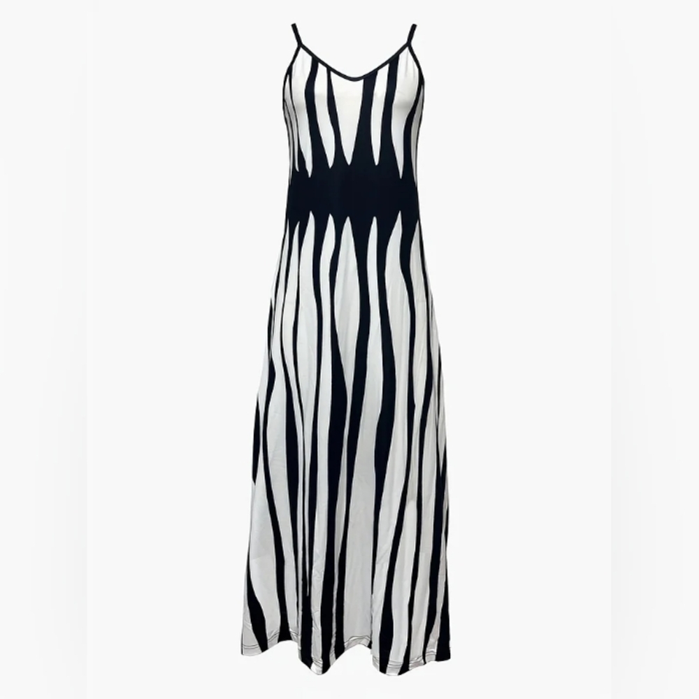 BLACK & WHITE STRIPED SPAGHETTI STRAP MAXI DRESS SZ XL - Picture 2 of 4
